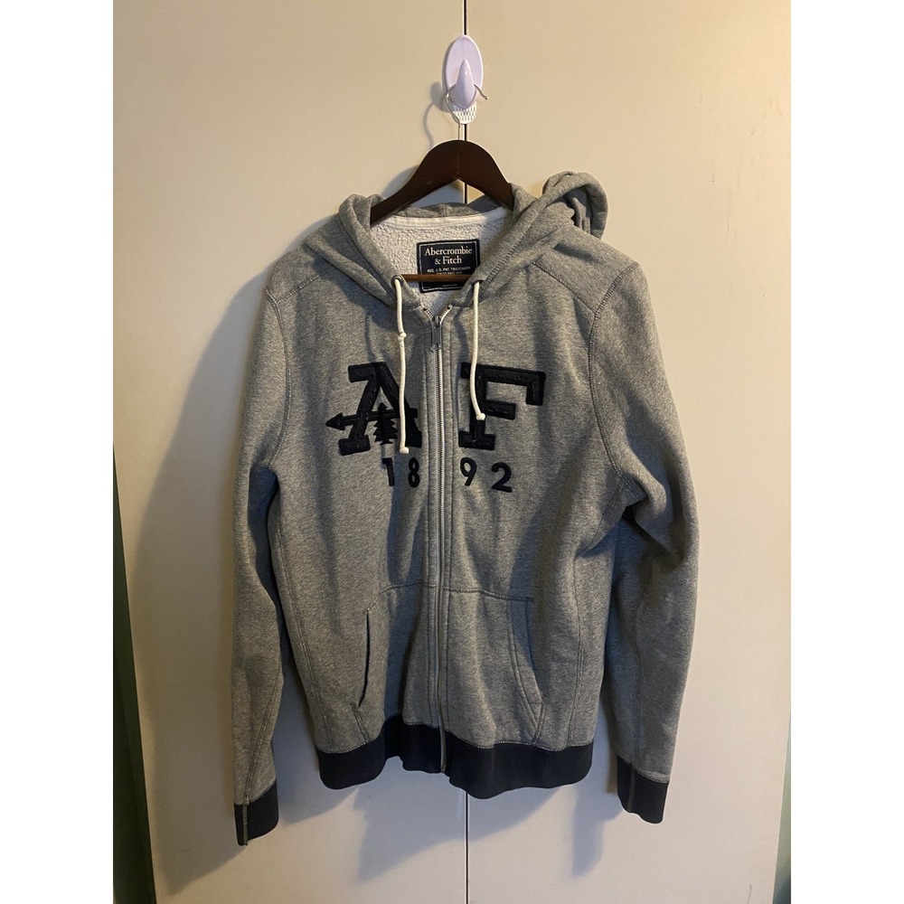 Abercrombie Fitch Mens Gray Full Zip Hoodie Dark Blue Varsity Patch Sweatshirt M
